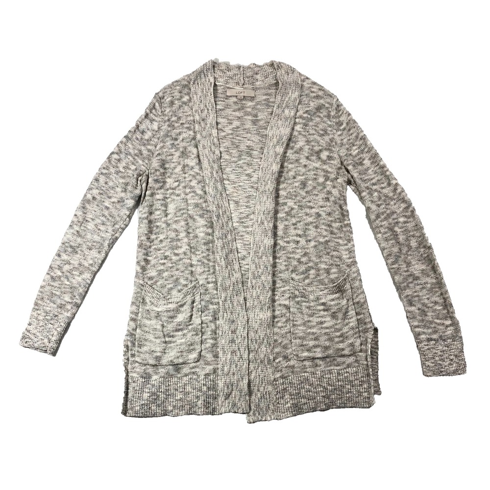 Loft Cardigan Women's Large Off White Gray Marled Knit Open Sweater Pockets